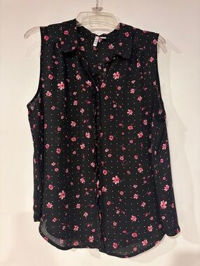 Elle Black Sleeveless Button-Front Blouse with Pink Floral Print